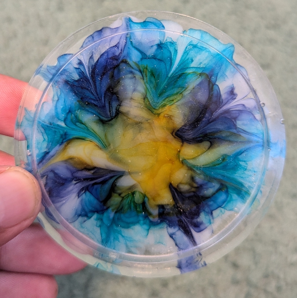 Resin coaster Hand Crafted blue yellow and purple